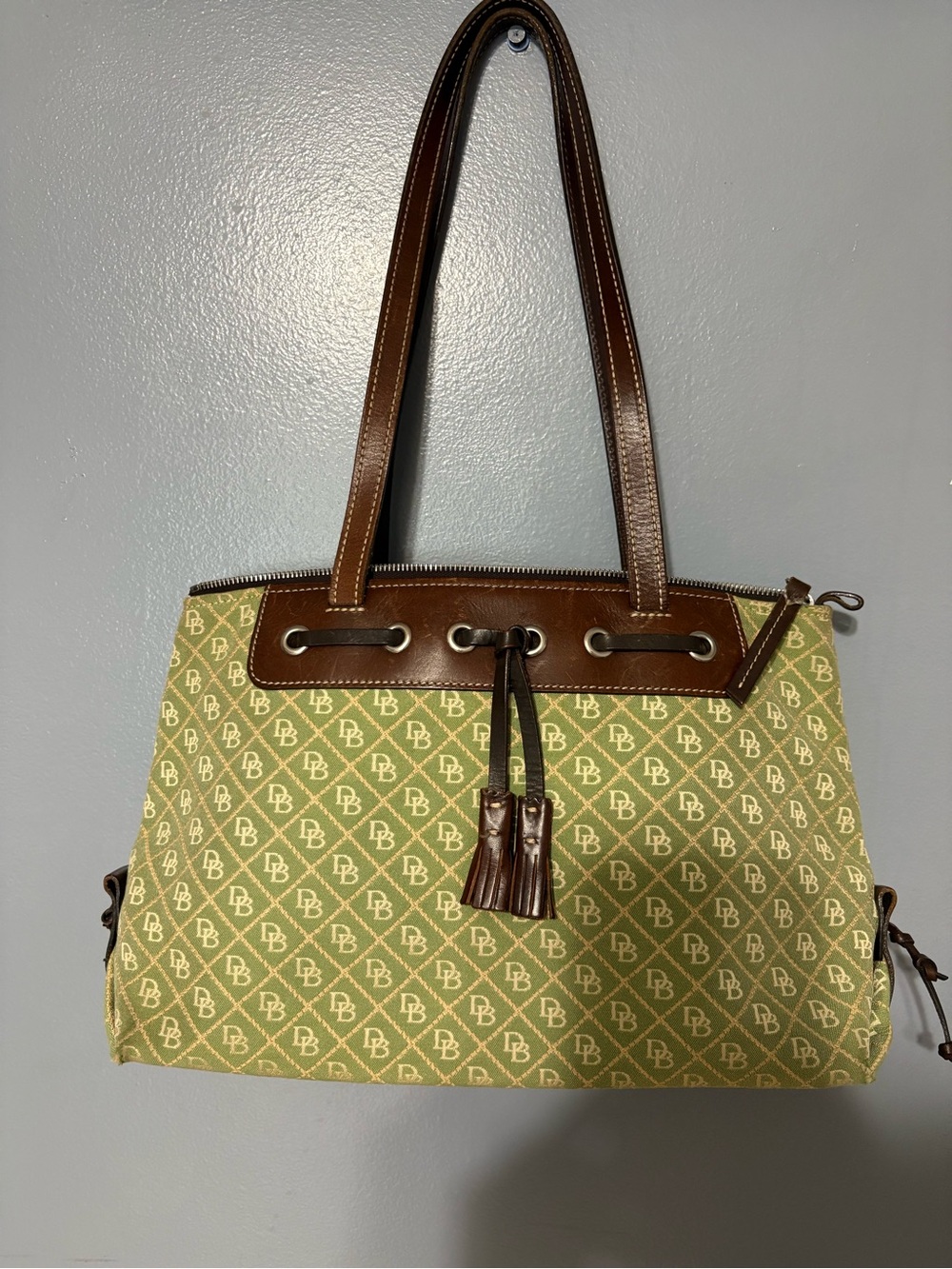 Dooney & Bourke Green Logo Canvas Tote with Brown Leather Trim